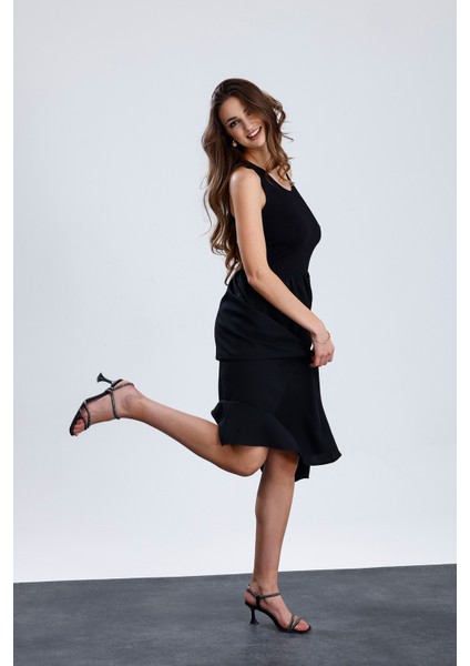 Üstü Likralı Viskon Altı Poliviskon Beli Lastikli Kolsuz Uzun Elbise | ELB36256 Siyah fiyatları