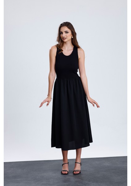 Üstü Likralı Viskon Altı Poliviskon Beli Lastikli Kolsuz Uzun Elbise | ELB36256 Siyah fırsatları