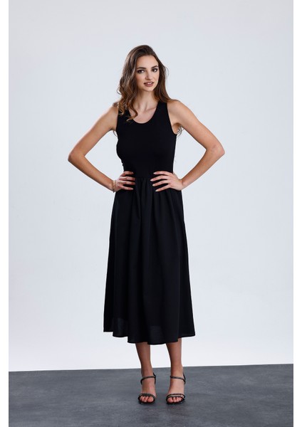 Üstü Likralı Viskon Altı Poliviskon Beli Lastikli Kolsuz Uzun Elbise | ELB36256 Siyah indirimleri