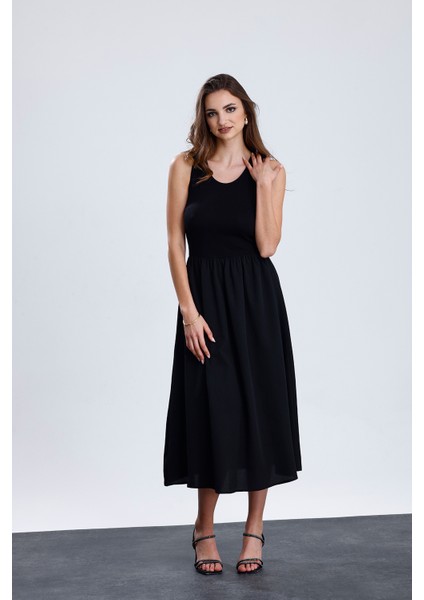 Üstü Likralı Viskon Altı Poliviskon Beli Lastikli Kolsuz Uzun Elbise | ELB36256 Siyah