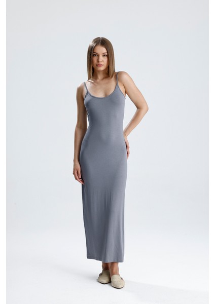 Yırtmaçlı Askılı Likralı Viskon Elbise | ELB35782 Grı