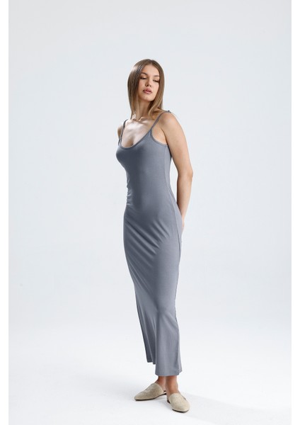Yırtmaçlı Askılı Likralı Viskon Elbise | ELB35782 Grı fiyatları