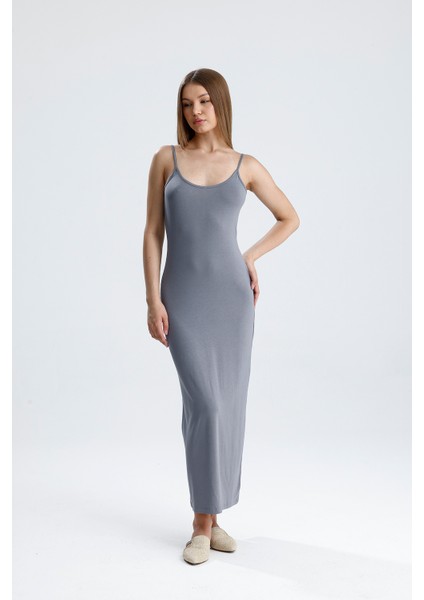 Yırtmaçlı Askılı Likralı Viskon Elbise | ELB35782 Grı modelleri