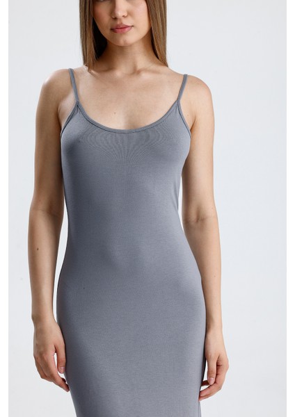 Yırtmaçlı Askılı Likralı Viskon Elbise | ELB35782 Grı fırsatları