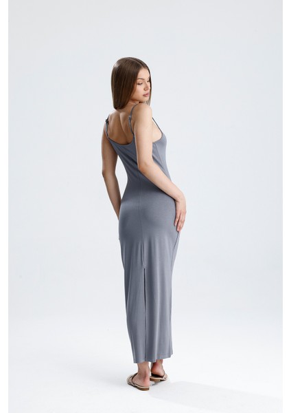 Yırtmaçlı Askılı Likralı Viskon Elbise | ELB35782 Grı indirimleri