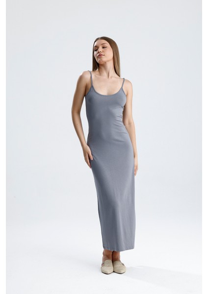 Yırtmaçlı Askılı Likralı Viskon Elbise | ELB35782 Grı