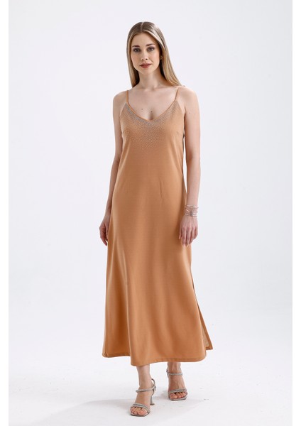 Taş Detaylı Uzun Askılı Elbise | ELB34521 Bej modelleri