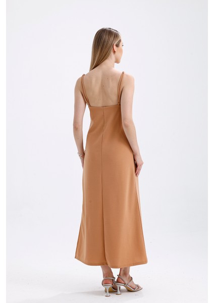 Taş Detaylı Uzun Askılı Elbise | ELB34521 Bej