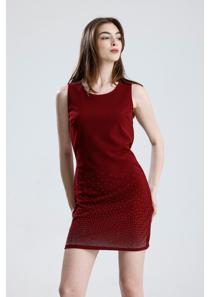 Yarım Astarlı Arkası Fermuarlı Taşlı Kolsuz Scuba Krep Abiye Elbise | ELB35793 Bordo