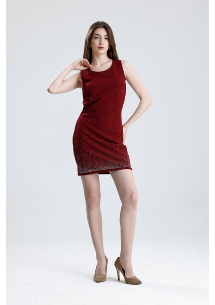 Yarım Astarlı Arkası Fermuarlı Taşlı Kolsuz Scuba Krep Abiye Elbise | ELB35793 Bordo modelleri