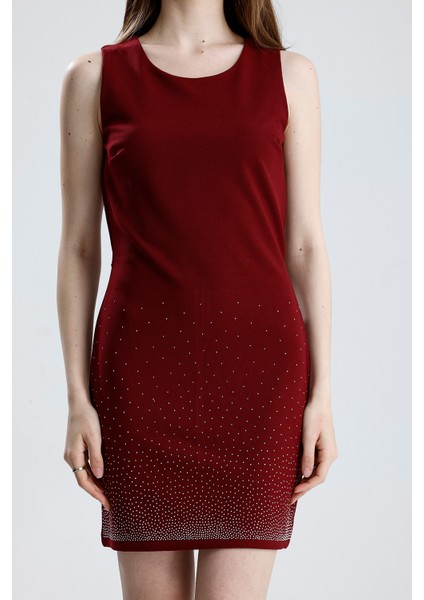 Yarım Astarlı Arkası Fermuarlı Taşlı Kolsuz Scuba Krep Abiye Elbise | ELB35793 Bordo fırsatları