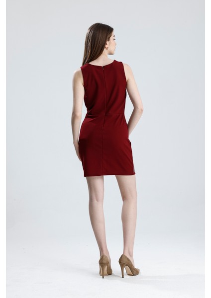 Yarım Astarlı Arkası Fermuarlı Taşlı Kolsuz Scuba Krep Abiye Elbise | ELB35793 Bordo indirimleri