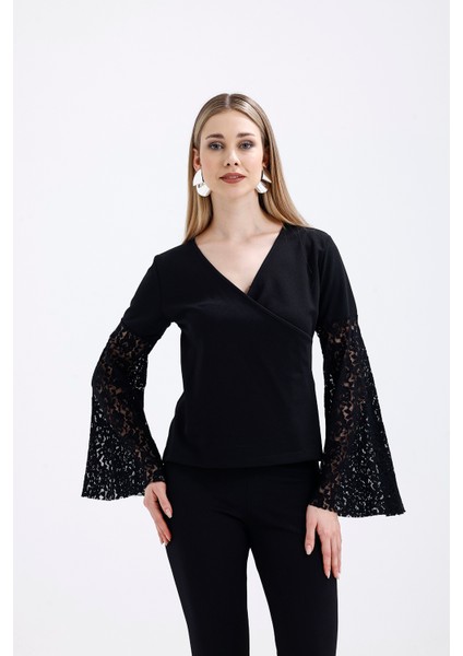 Kruvaze Yaka Kollar Tül ve Volanlı Omzu Acık Bluz | BLZ31446 Siyah