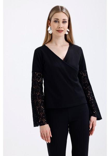 Kruvaze Yaka Kollar Tül ve Volanlı Omzu Acık Bluz | BLZ31446 Siyah fiyatları