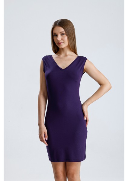 V Yaka Kolsuz Viskon Elbise | ELB35023 Mor modelleri