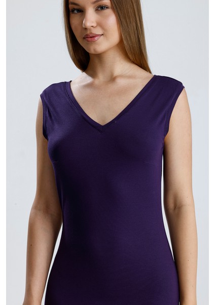 V Yaka Kolsuz Viskon Elbise | ELB35023 Mor fırsatları