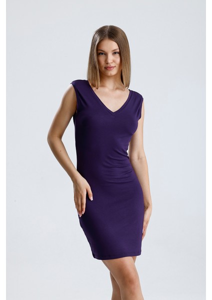 V Yaka Kolsuz Viskon Elbise | ELB35023 Mor