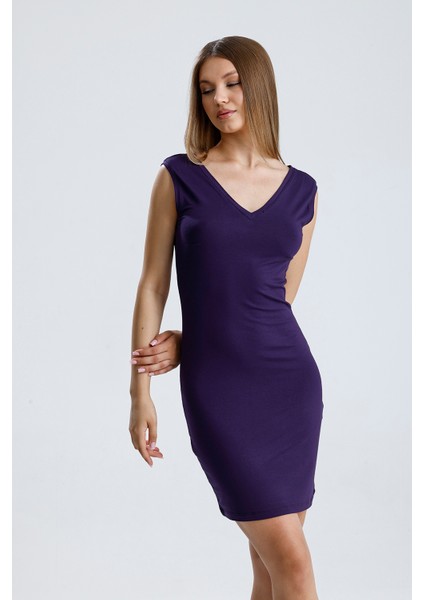 V Yaka Kolsuz Viskon Elbise | ELB35023 Mor