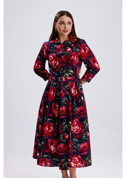 Yandan Cepli Kemerli Önü Düğmeli Uzun Elbise | ELB36264 Kırmızı Güllü