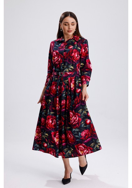 Yandan Cepli Kemerli Önü Düğmeli Uzun Elbise | ELB36264 Kırmızı Güllü fiyatları