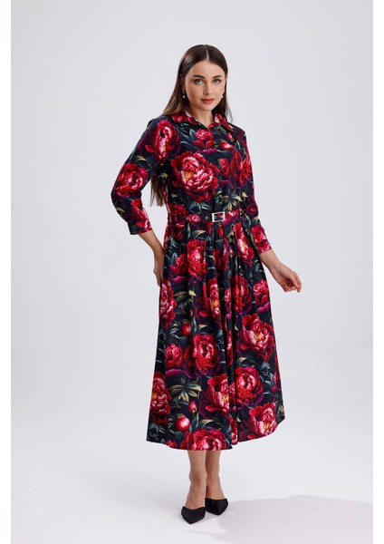 Yandan Cepli Kemerli Önü Düğmeli Uzun Elbise | ELB36264 Kırmızı Güllü modelleri