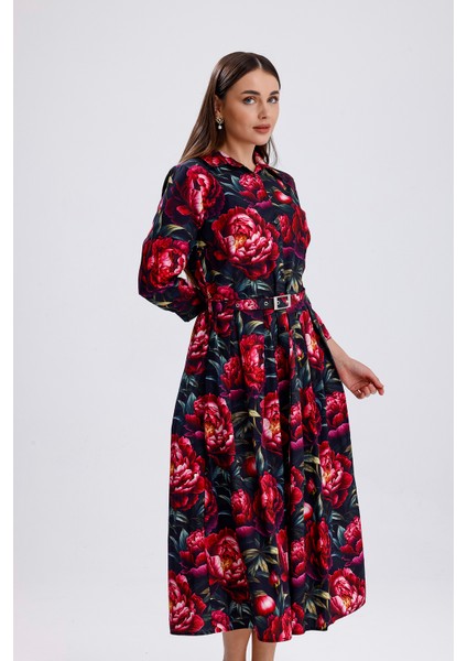 Yandan Cepli Kemerli Önü Düğmeli Uzun Elbise | ELB36264 Kırmızı Güllü fırsatları