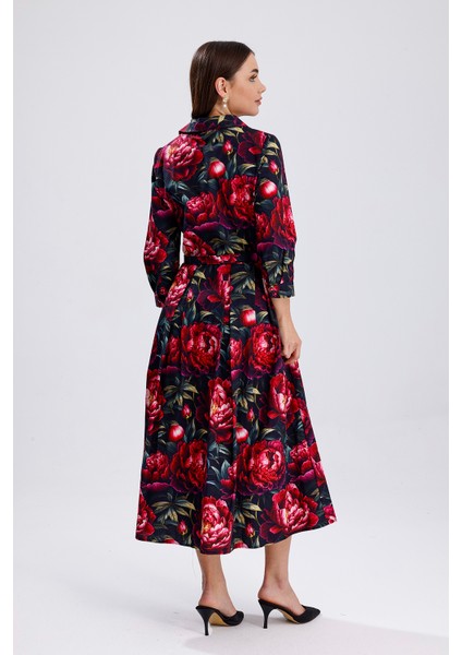 Yandan Cepli Kemerli Önü Düğmeli Uzun Elbise | ELB36264 Kırmızı Güllü indirimleri