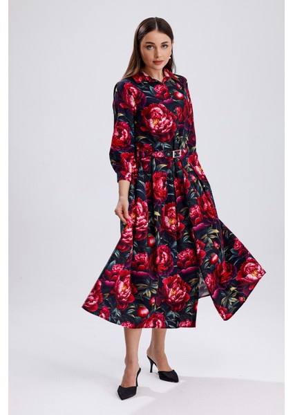 Yandan Cepli Kemerli Önü Düğmeli Uzun Elbise | ELB36264 Kırmızı Güllü