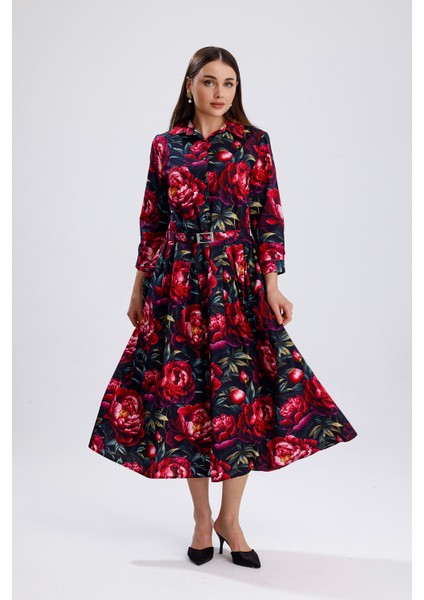 Yandan Cepli Kemerli Önü Düğmeli Uzun Elbise | ELB36264 Kırmızı Güllü