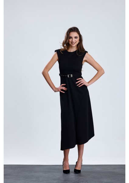Vatkalı Kemer Detaylı Kolsuz Uzun Elbise | ELB36216 Siyah