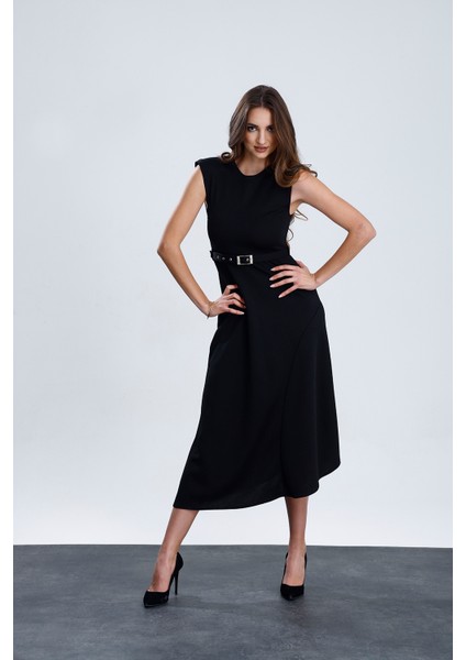 Vatkalı Kemer Detaylı Kolsuz Uzun Elbise | ELB36216 Siyah modelleri