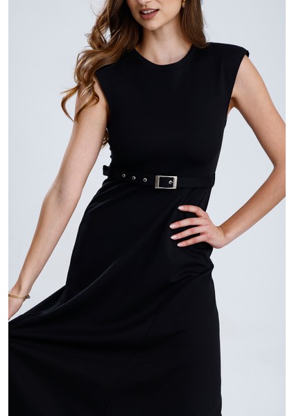 Vatkalı Kemer Detaylı Kolsuz Uzun Elbise | ELB36216 Siyah