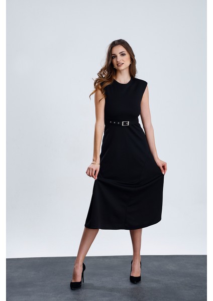 Vatkalı Kemer Detaylı Kolsuz Uzun Elbise | ELB36216 Siyah