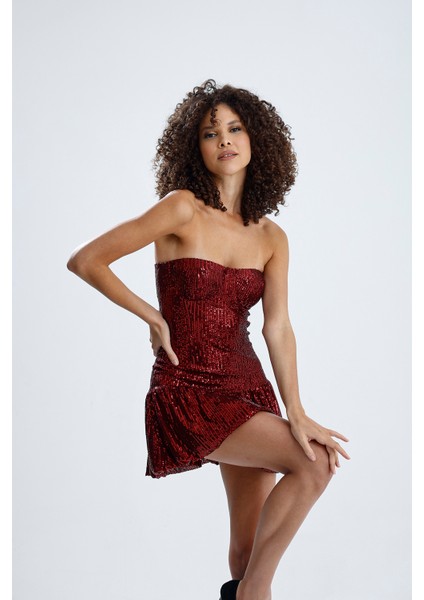 Astarlı Gloplu Balon Etekli Payet Straplez Abiye Elbise | ELB36100 Bordo