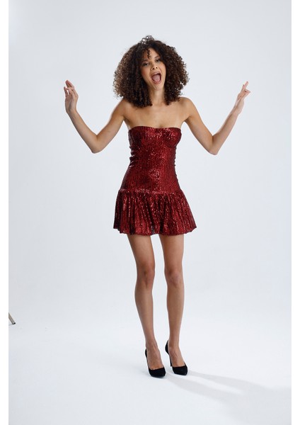 Astarlı Gloplu Balon Etekli Payet Straplez Abiye Elbise | ELB36100 Bordo fiyatları