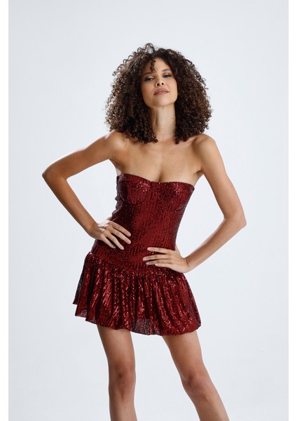 Astarlı Gloplu Balon Etekli Payet Straplez Abiye Elbise | ELB36100 Bordo modelleri