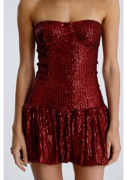 Astarlı Gloplu Balon Etekli Payet Straplez Abiye Elbise | ELB36100 Bordo fırsatları