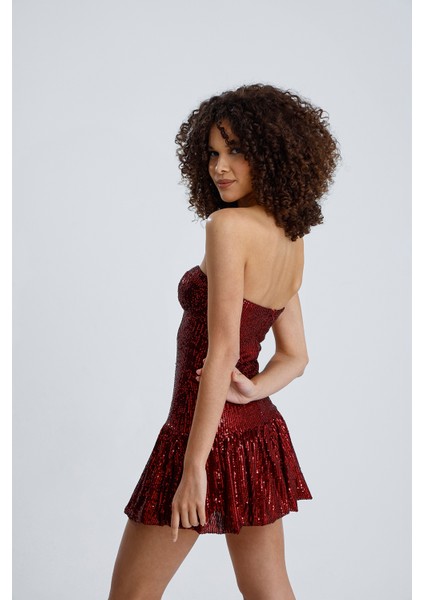 Astarlı Gloplu Balon Etekli Payet Straplez Abiye Elbise | ELB36100 Bordo indirimleri