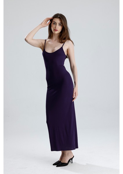 Yırtmaçlı Askılı Likralı Viskon Elbise | ELB35782 Mor