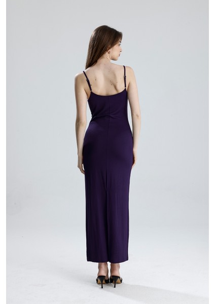 Yırtmaçlı Askılı Likralı Viskon Elbise | ELB35782 Mor indirimleri