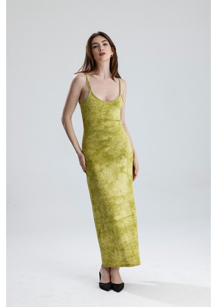 Yırtmaçlı Askılı Likralı Viskon Elbise | ELB35782 Fıstık Yeşili Batik fiyatları