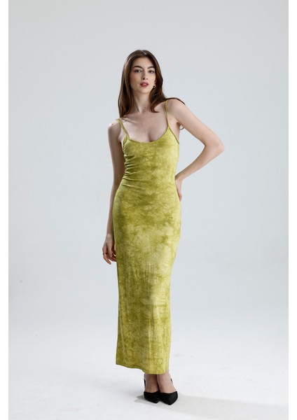 Yırtmaçlı Askılı Likralı Viskon Elbise | ELB35782 Fıstık Yeşili Batik modelleri
