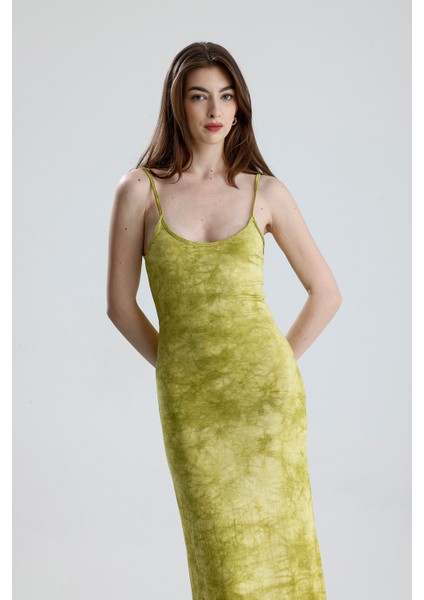 Yırtmaçlı Askılı Likralı Viskon Elbise | ELB35782 Fıstık Yeşili Batik fırsatları