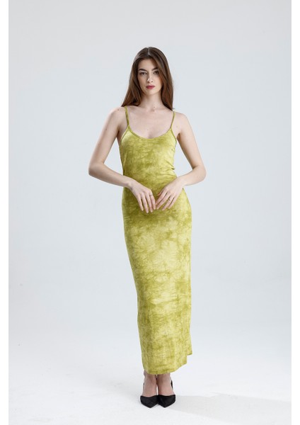 Yırtmaçlı Askılı Likralı Viskon Elbise | ELB35782 Fıstık Yeşili Batik