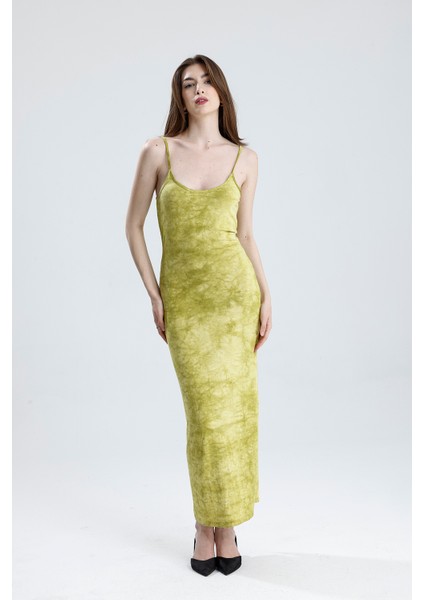 Yırtmaçlı Askılı Likralı Viskon Elbise | ELB35782 Fıstık Yeşili Batik