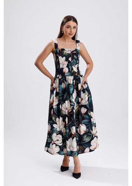 Bel Kemerli Önü Düğmeli Çiçekli Uzun Elbise | ELB36268 Beyaz Çiçekli