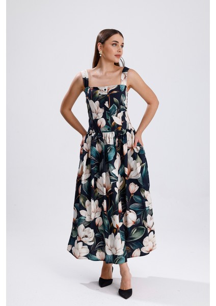 Bel Kemerli Önü Düğmeli Çiçekli Uzun Elbise | ELB36268 Beyaz Çiçekli fiyatları