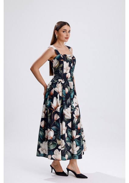 Bel Kemerli Önü Düğmeli Çiçekli Uzun Elbise | ELB36268 Beyaz Çiçekli modelleri