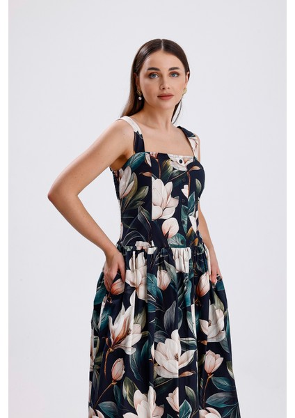 Bel Kemerli Önü Düğmeli Çiçekli Uzun Elbise | ELB36268 Beyaz Çiçekli fırsatları