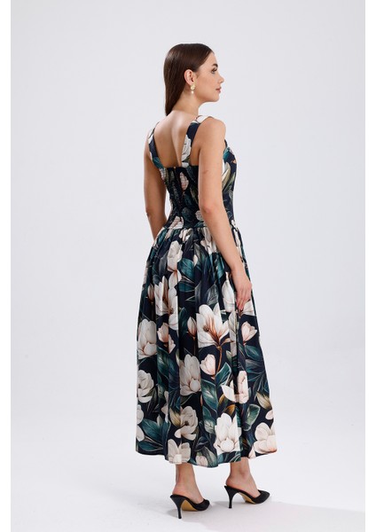 Bel Kemerli Önü Düğmeli Çiçekli Uzun Elbise | ELB36268 Beyaz Çiçekli indirimleri